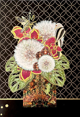 A black wallpaper background with gold patterrn and a black foreground with a brown, green and gold vase with a green frog climbing on it with red and green foliage and white dandelion seed heads in the vase. An art decor brooch of a parrot and a praying mantis amongst the flowers.