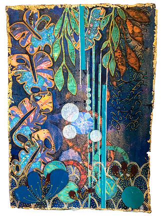 Contemporaray abstract flower painting with collage elements on 300 gram khadi 30cmx40cm paper ready to frame for home interiors and art collectors by Lisa Ann Art Studio with gold metallic paint