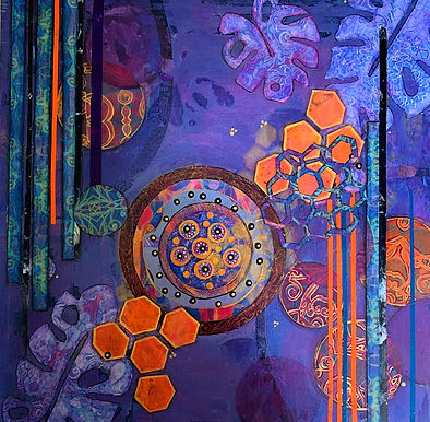 Mixed media contemporaray abstract flower and nature painting with collage elements on 40cmx40cm panel ready to hang for home interiors and art collectors by Lisa Ann Art Studio.