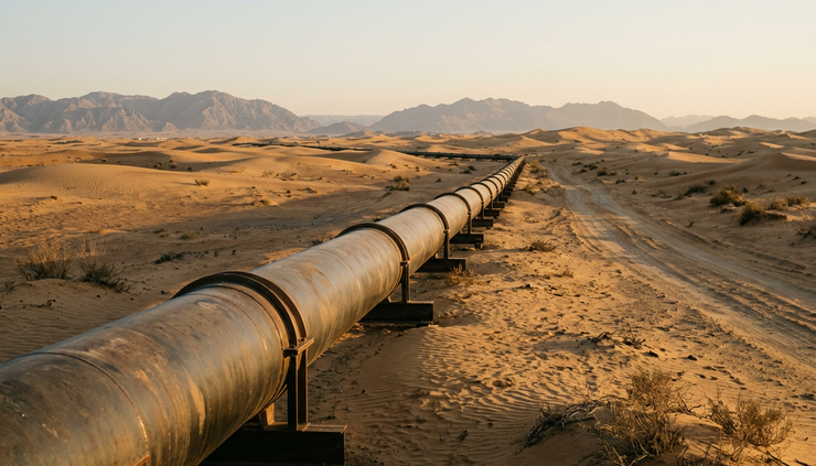 Eye-level view of a crude oil pipeline crossing a desert plain.