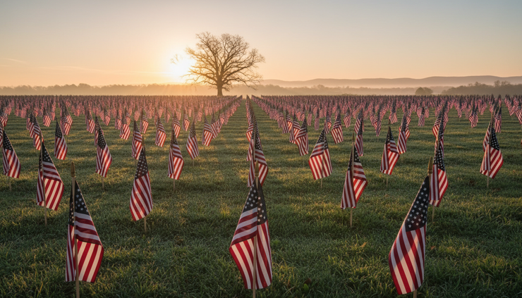 Wide-angle view of memorial flags placed in quiet rows at sunrise.