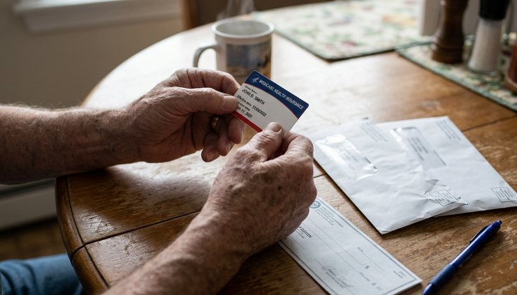 Close-up view of a senior holding a Medicare card beside unopened mail