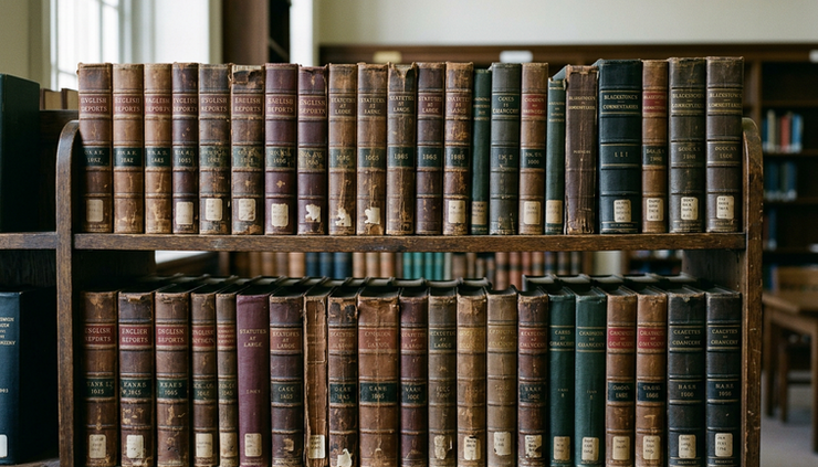 Eye-level view of old law books on a public library shelf