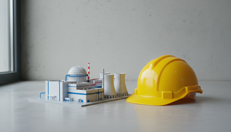 Eye-level view of a small scale model of a nuclear reactor beside a hard hat on concrete.