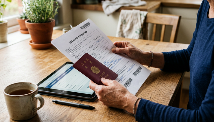Close-up of hands holding a passport and a printed government form beside a home tablet screen.