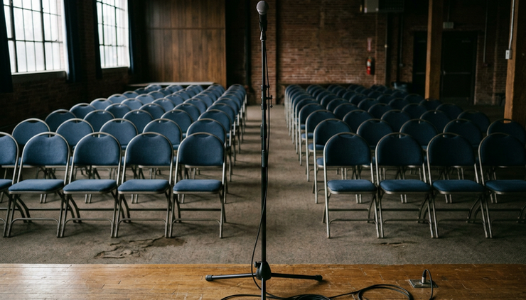 Low-angle view of a single microphone stand in front of empty student chairs.