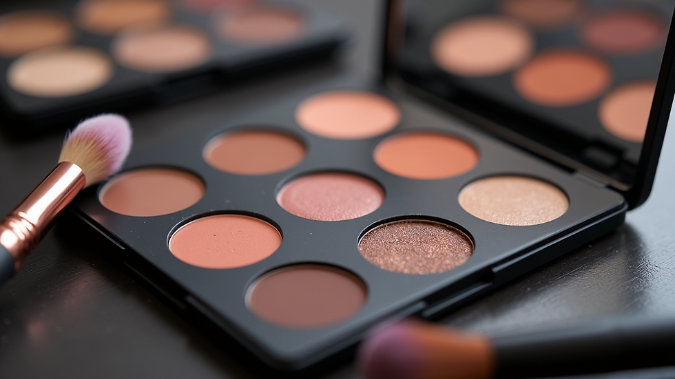 Close-up view of makeup brushes and palettes arranged neatly