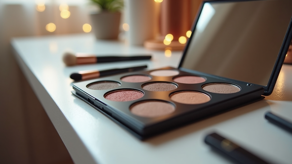High angle view of makeup brushes and eyeshadow palette on a vanity table