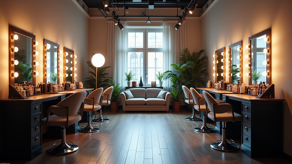 Eye-level view of a modern makeup studio with professional lighting and chairs