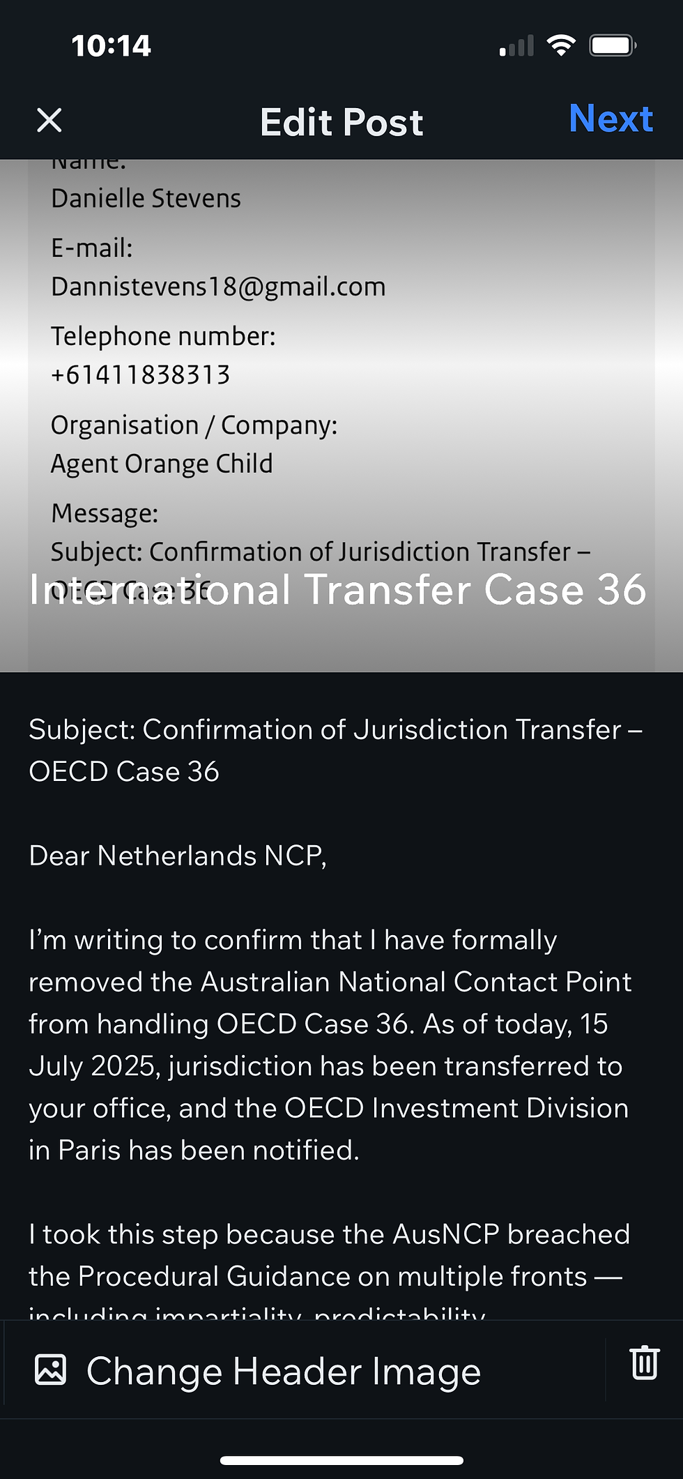 Screenshot of submission to the Netherlands NCP