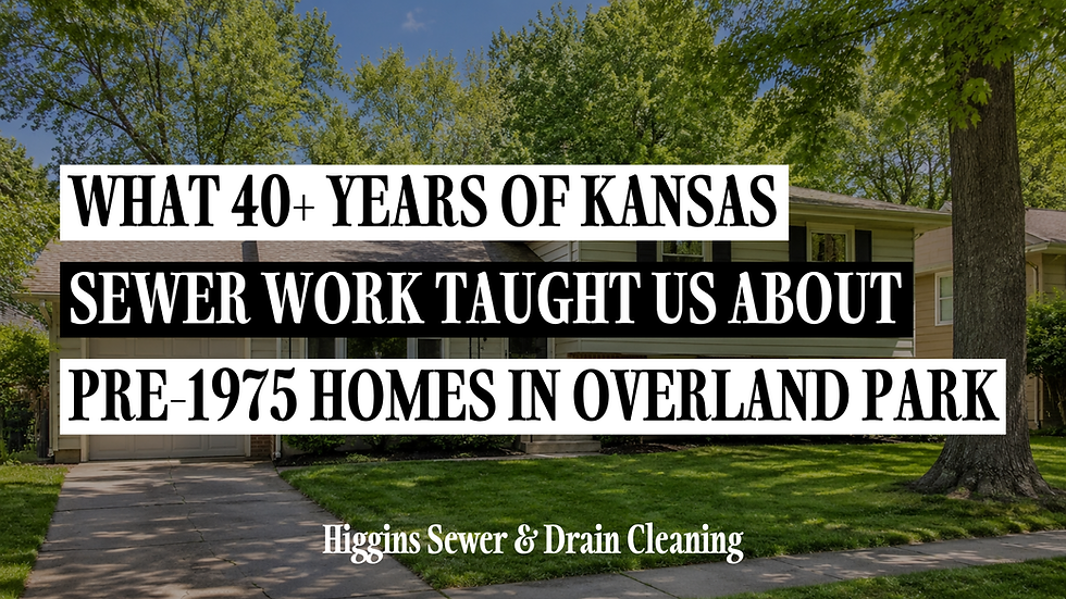 Text overlaid on a suburban home with trees: "What 40+ Years of Kansas Sewer Work Taught Us About Pre-1975 Homes in Overland Park."