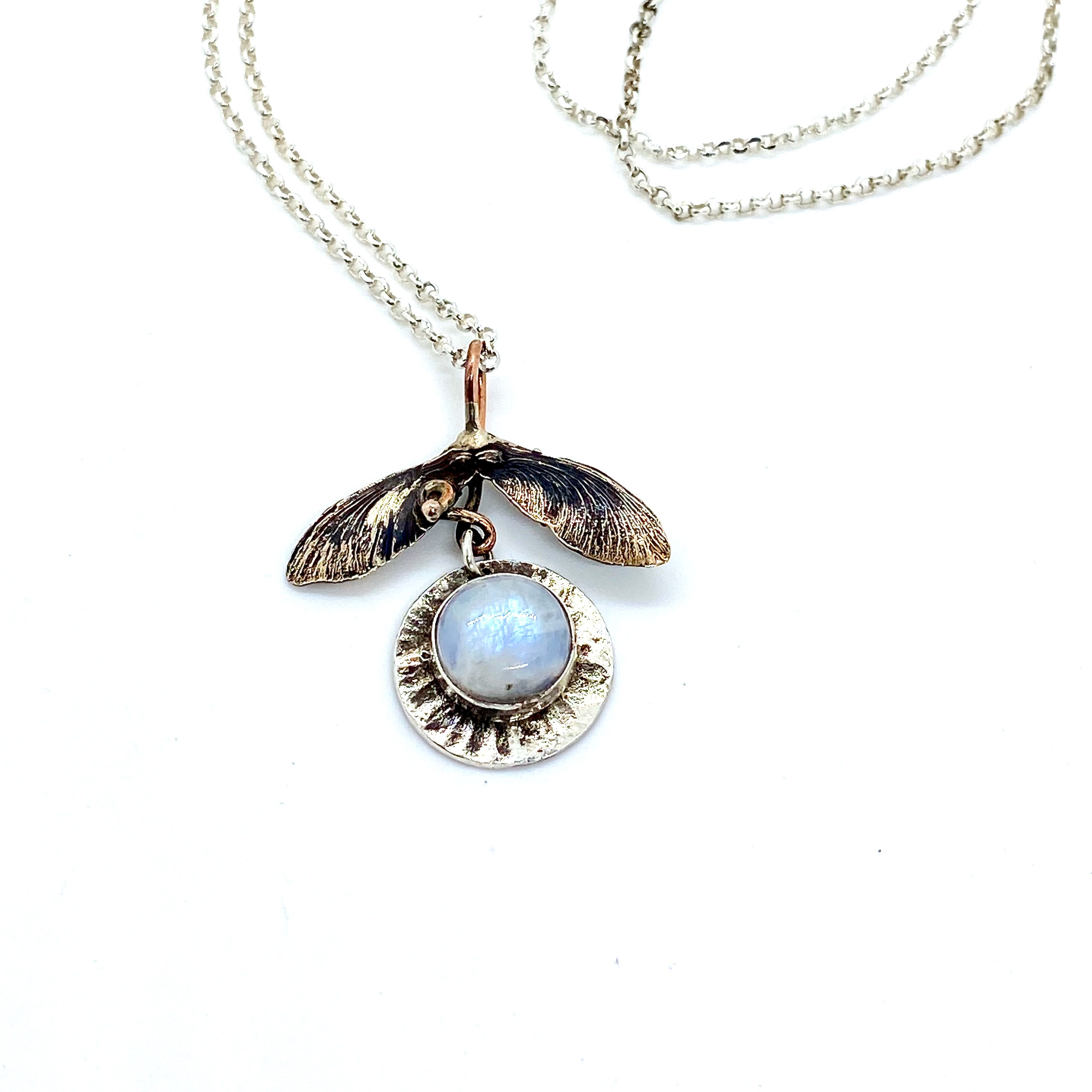 MIXED METAL MAPLE WING & MOONSTONE NECKLACE