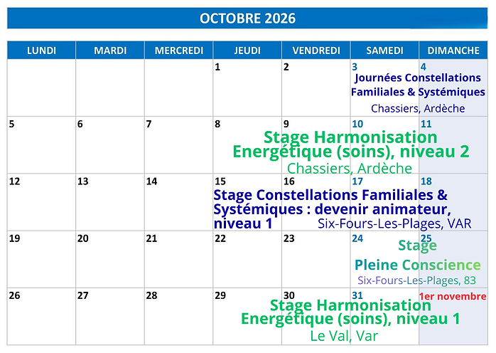 Octobre 2026 évènements Être ici Maintenant