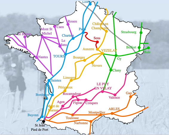 Carte des chemins de Compostelle en France
