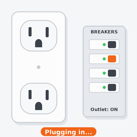 Animated illustration: a plug is pushed into a wall outlet, a spark flashes and leaves a brown scorch mark, then a finger switches that circuit's breaker to off.