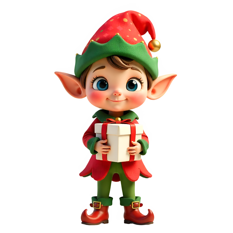 A cheerful elf in a green outfit holds a large striped candy cane, smiling joyfully. The background is plain black.