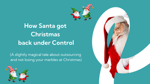 Santa peeks around a teal shape with "How Santa got Christmas back under Control" text. Two elves are dancing cheerfully beside him.