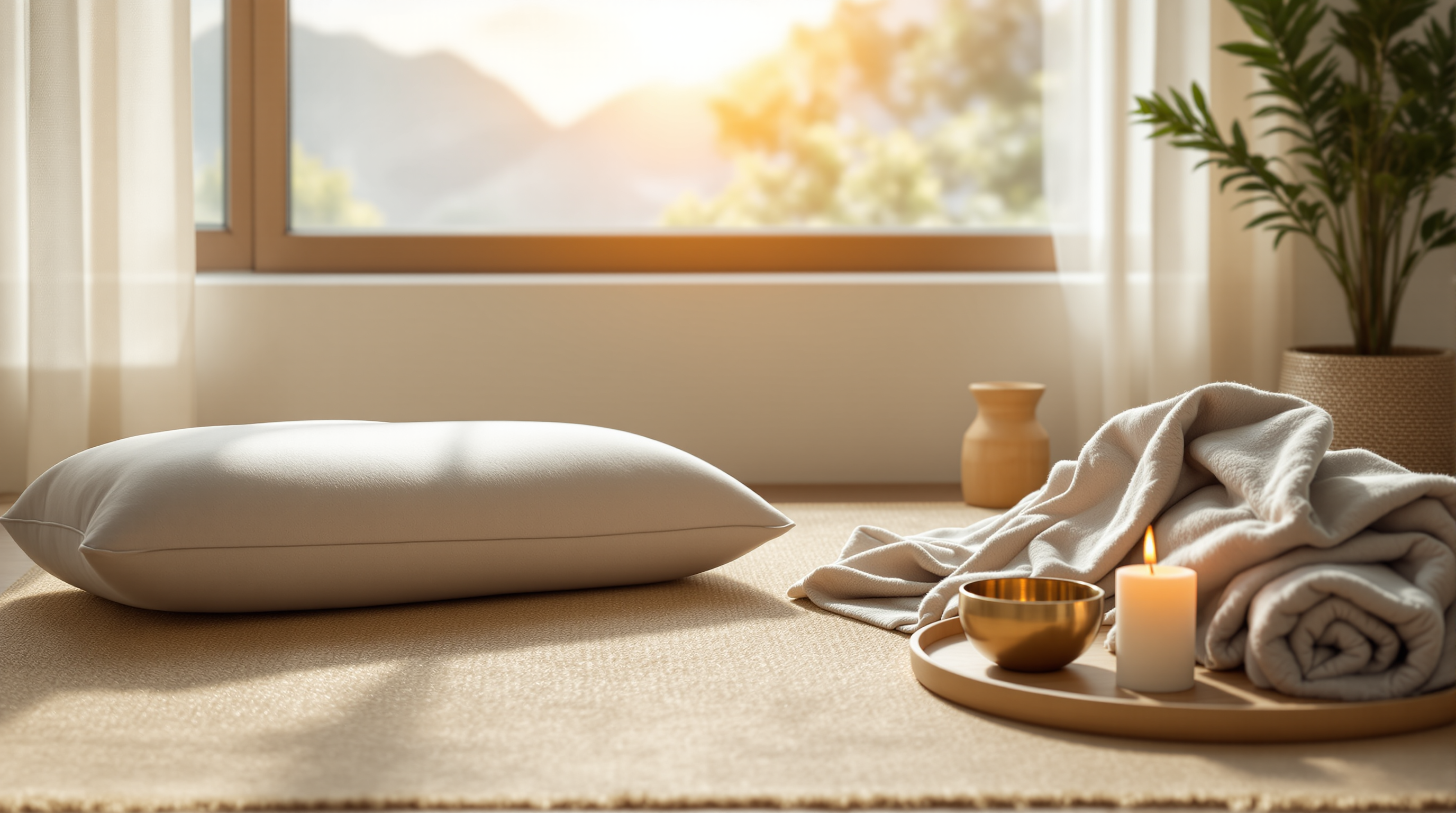 soft lighting, candlelight, music, meditation pillow, essential oil diffuser,