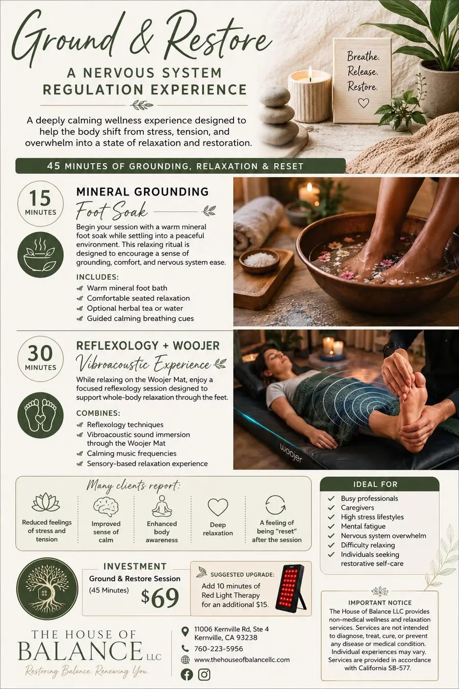 Mineral foot soak with feet enjoying it, woman laying on woojer mat, explanation of special offer