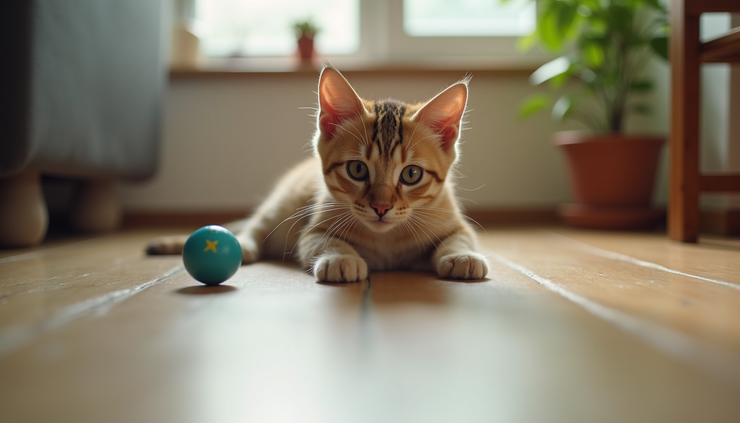 Plano detalle de un gato jugando con un juguete interactivo en el suelo