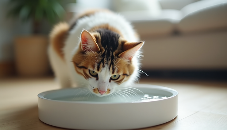 Vista a nivel de ojo de un gato bebiendo agua fresca de un bebedero moderno