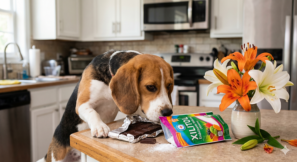 Beagle olfateando lilies, chocolate y xilitol