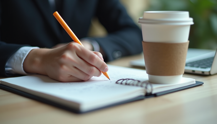 Vista cercana de una persona escribiendo en un blog con una taza de café al lado
