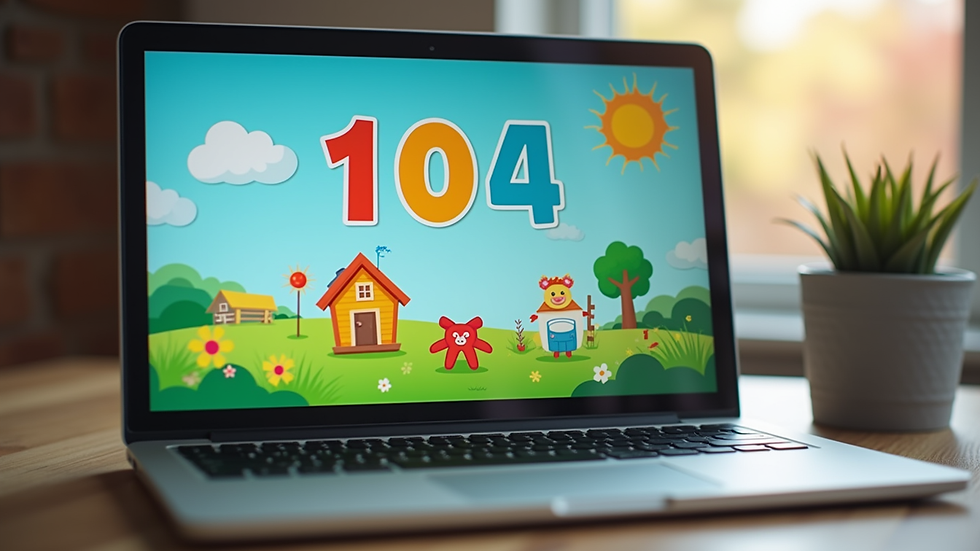 Close-up view of a laptop screen showing a colourful counting game for preschool children
