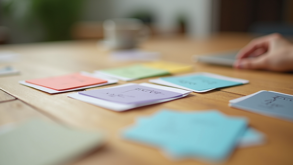 Close-up of colourful educational cards spread on a wooden table