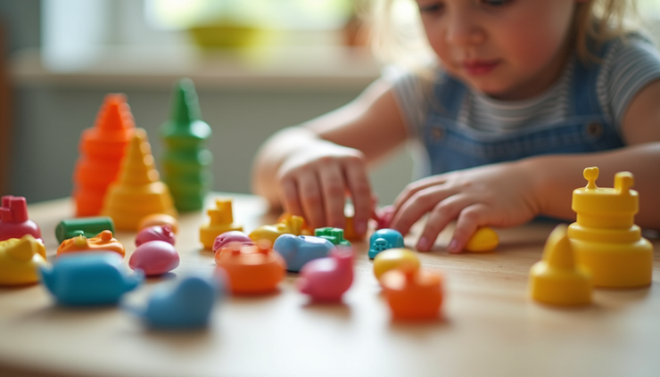 Close-up view of sensory play materials arranged on a table for preschool children