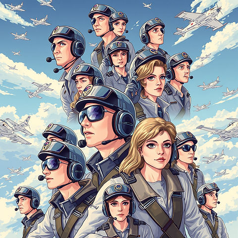 a wallpaper illustrated many repeated male and female pilots, on a sky background _edited.