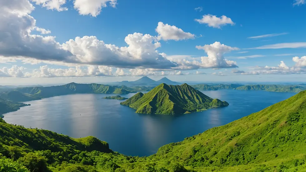 Wide angle view of Taal Volcano surrounded by lush green hills and blue skies