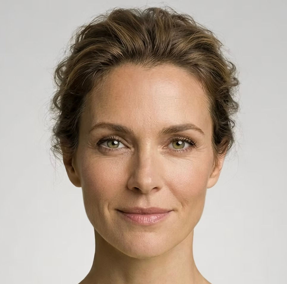 Smiling woman with light brown hair against a plain gray background, conveying a calm and friendly mood.