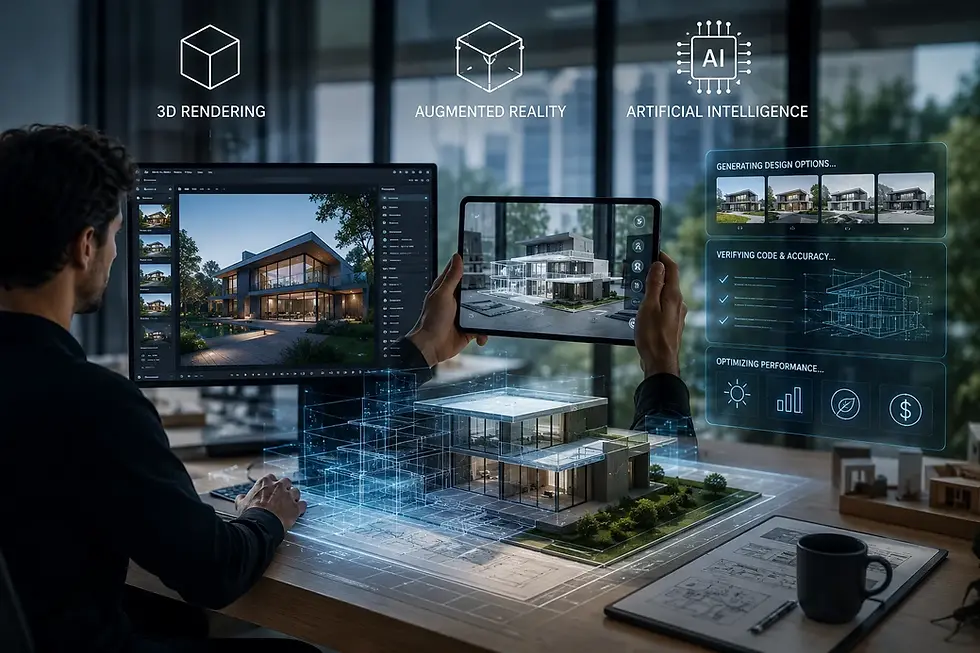 Designer uses monitor and tablet to build a modern house with AI overlays; text reads 3D Rendering, Augmented Reality, AI