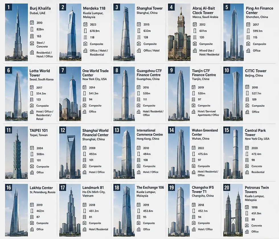 The 20 Tallest Buildings Defining Our Global Skylines.
Infographic ranking the world’s top 20 skyscrapers, with tower photos, city names, years, heights, and uses.