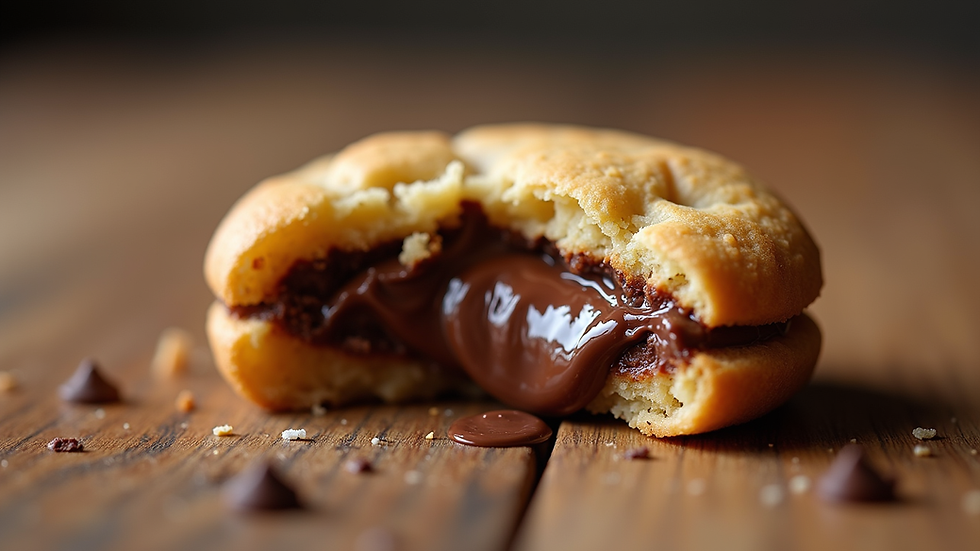 Close-up view of a delicious stuffed cookie with melted chocolate filling