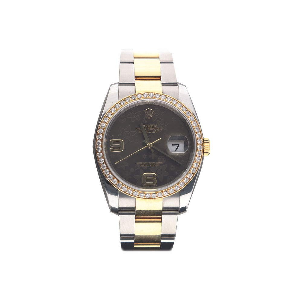 Rolex Oyster Perpetual Datejust – Ref. 116243 – Aço & Ouro Amarelo 18K – Mostrador Floral Castanho – Bezel com Diamantes