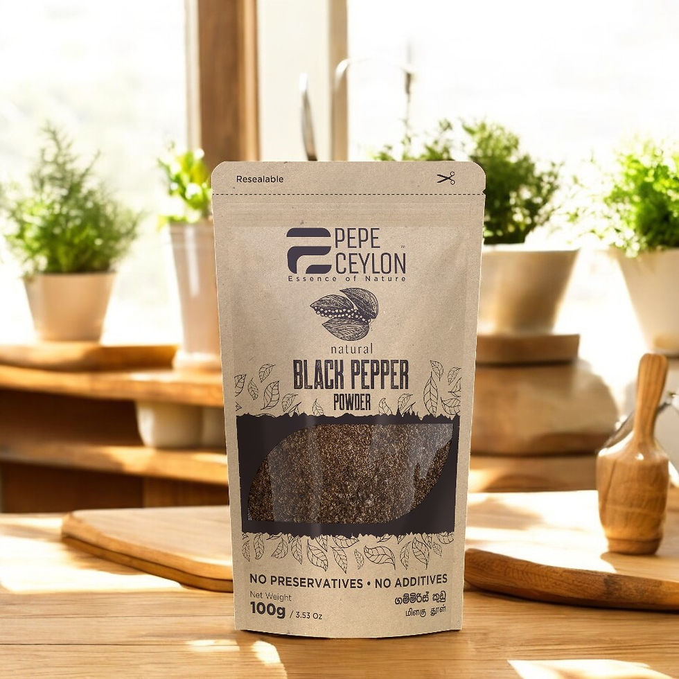 Pepe Ceylon natural black pepper powder 100g resealable pouch on wooden kitchen counter – pure Ceylon spice with no preservat