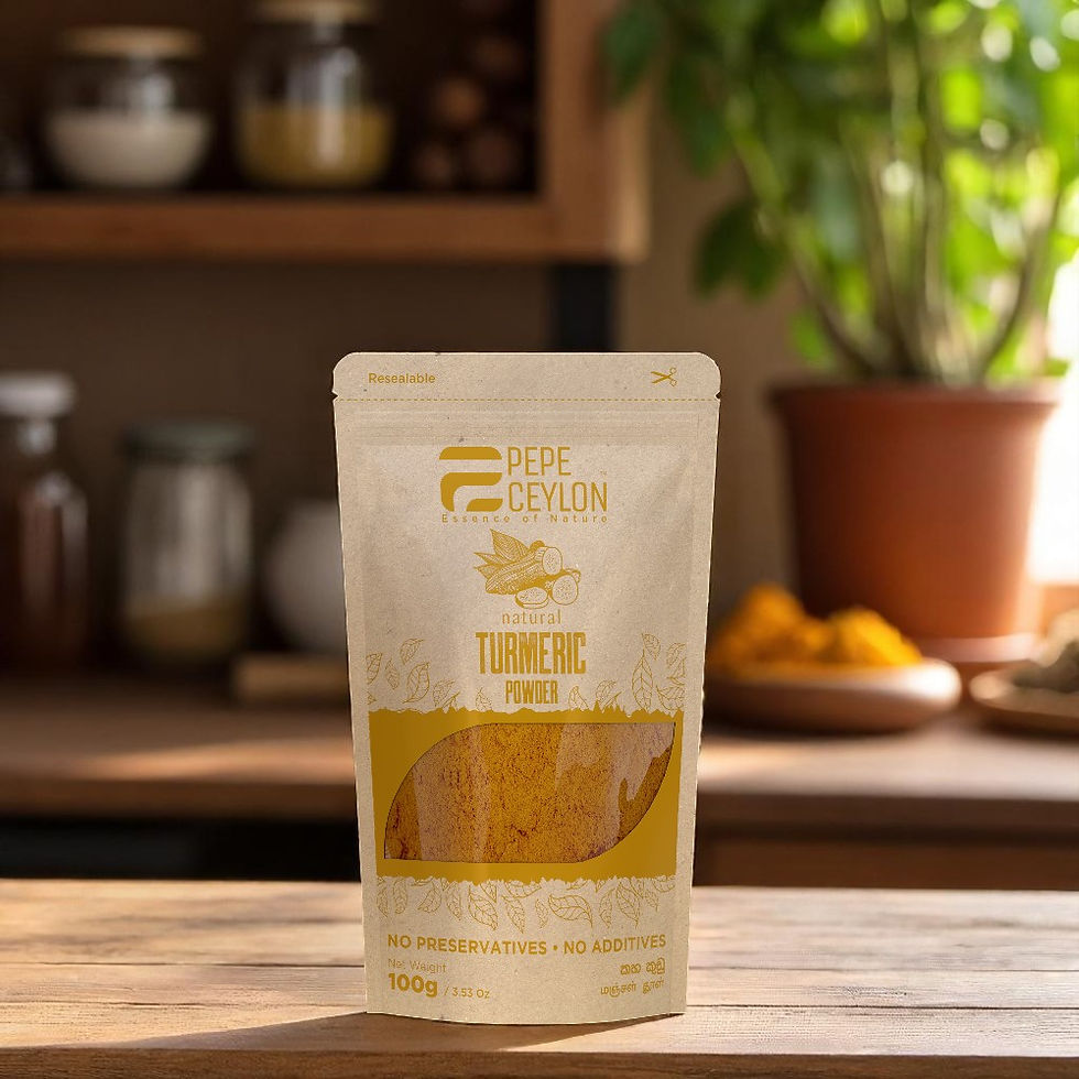 Pepe Ceylon natural turmeric powder 100g resealable pouch on kitchen table – pure Ceylon spice with no preservatives or addit