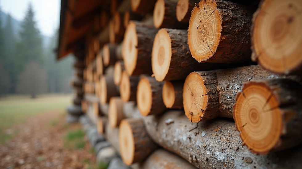 Close-up view of stacked logs with precise notching for log home walls
