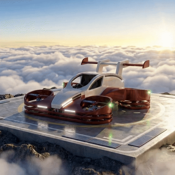 Lorenz Aeroboticar, a futuristic red and white eVTOL flying vehicle prototype, resting on a landing pad above the clouds.