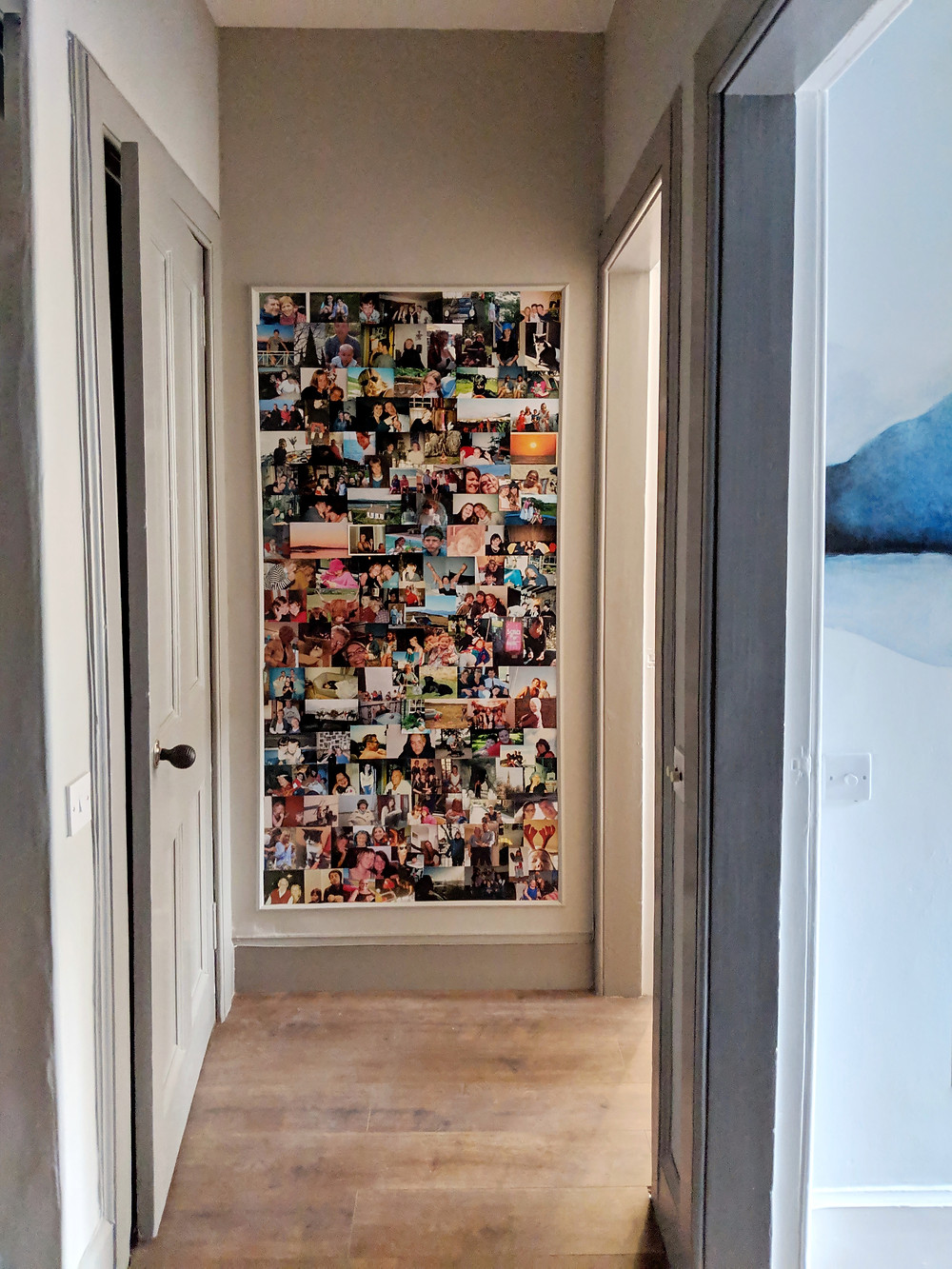 Photo collage wall in hallway