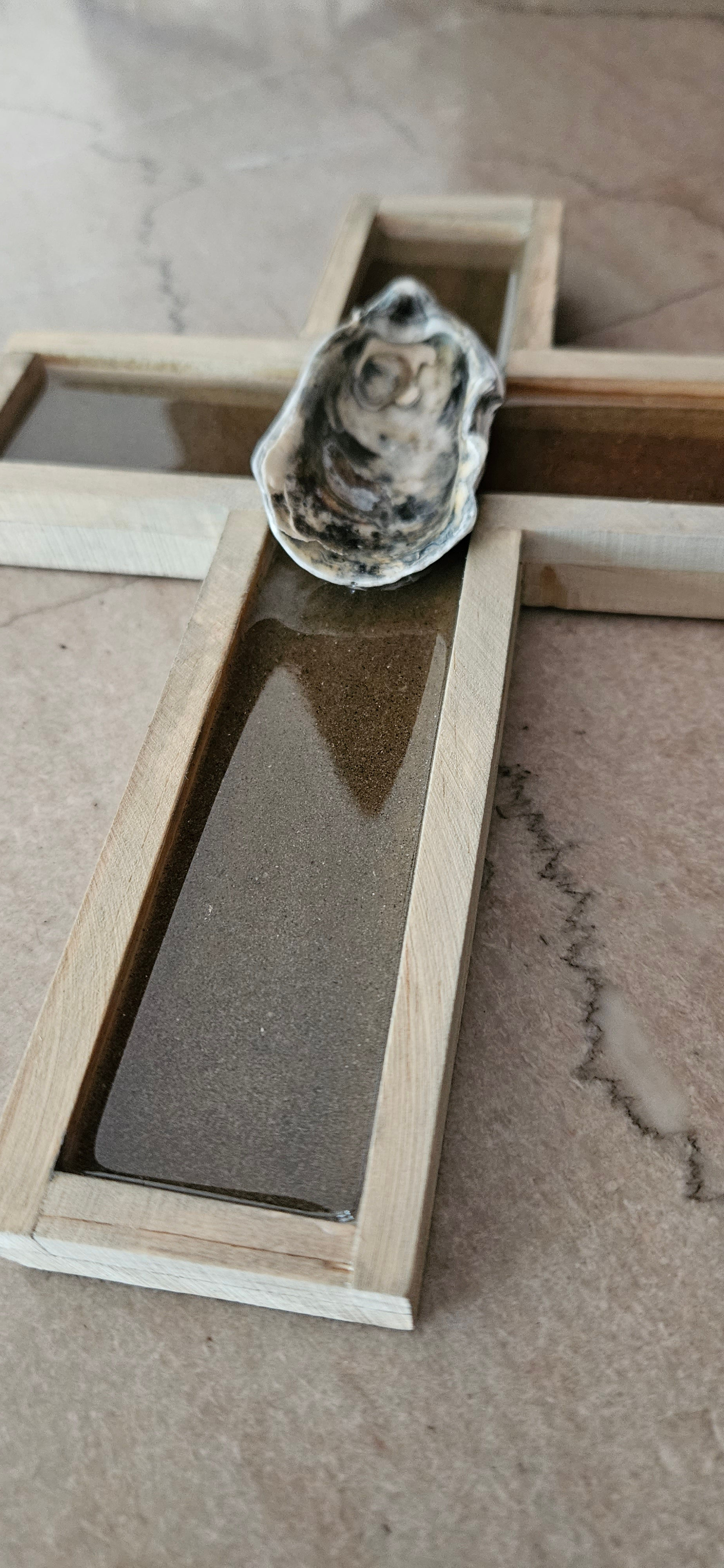 Natural Wood Cross with Sand and Oyster