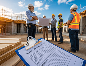General contractor supervising subcontractors at a job site with a quality control checklist in hand.