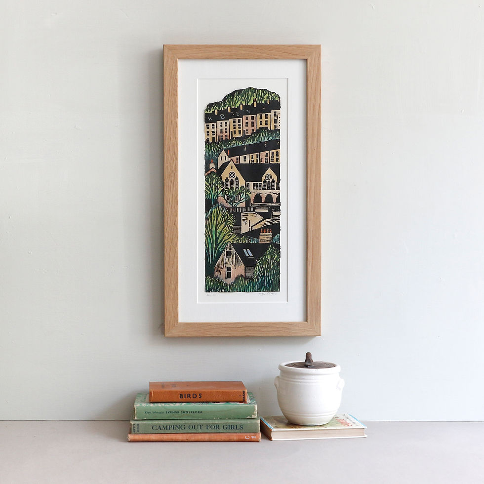 Thumbnail: Stubbings school and terraced houses in Hebden Bridge. Original woodcut print.