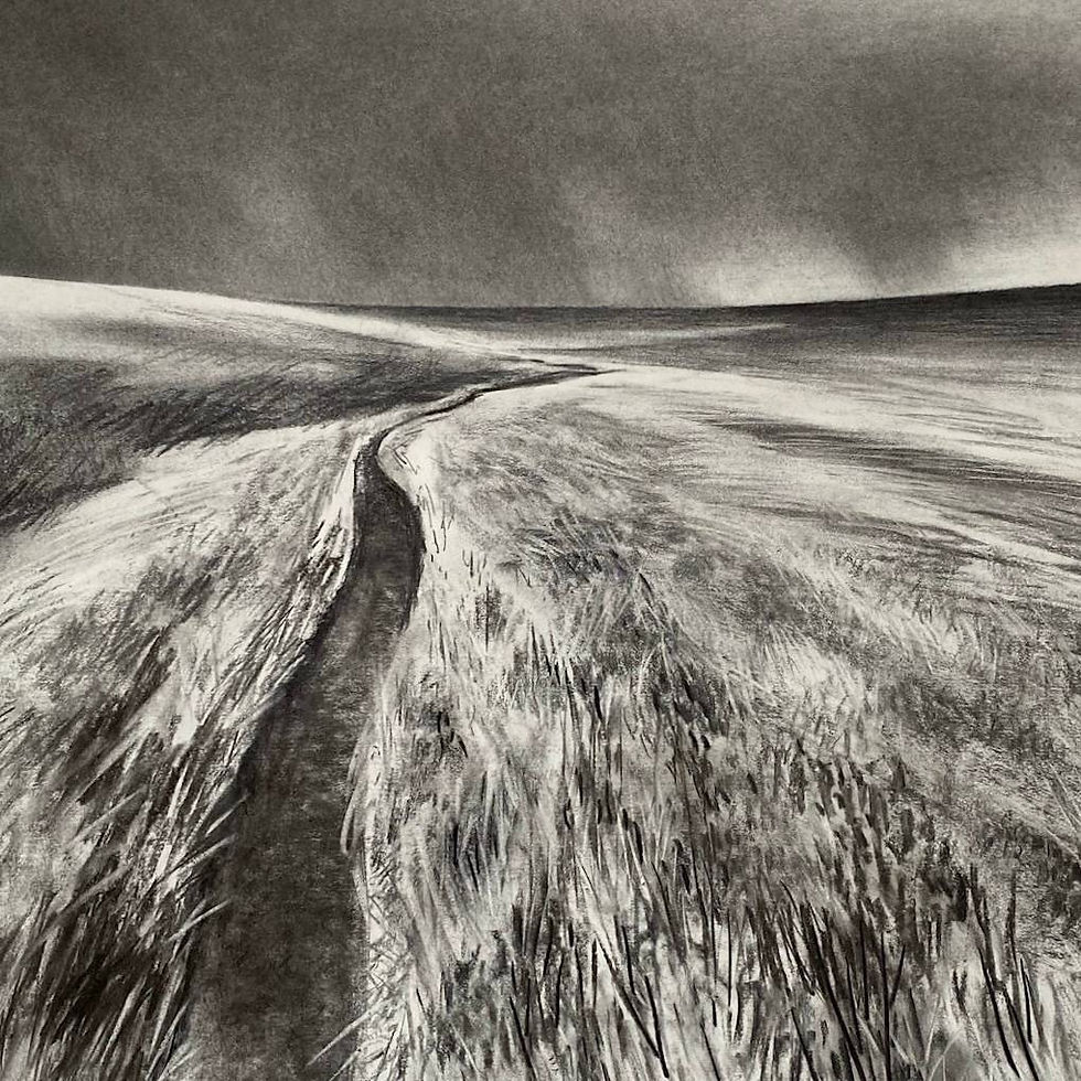 Lack and white drawing of a path across austere moorland and a stormy sky.