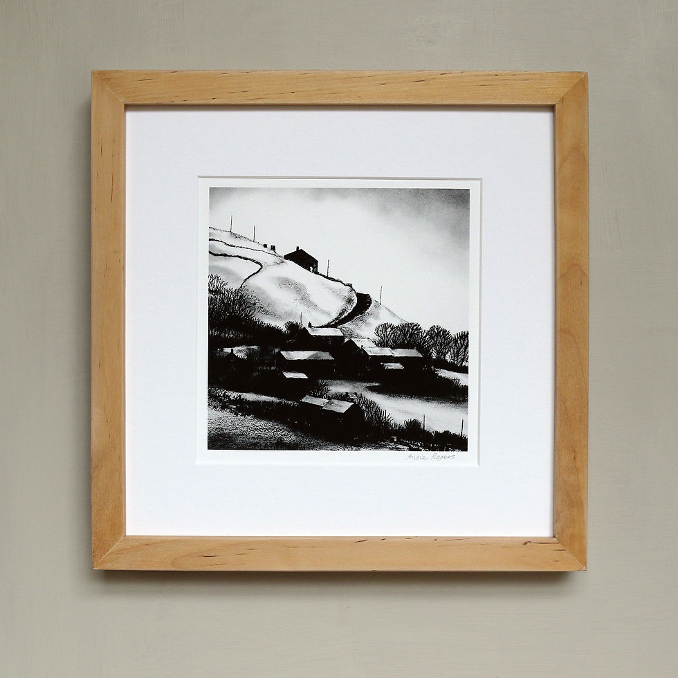 Thumbnail: Yorkshire landscape print in black and white, hilltop village, with wooden frame.