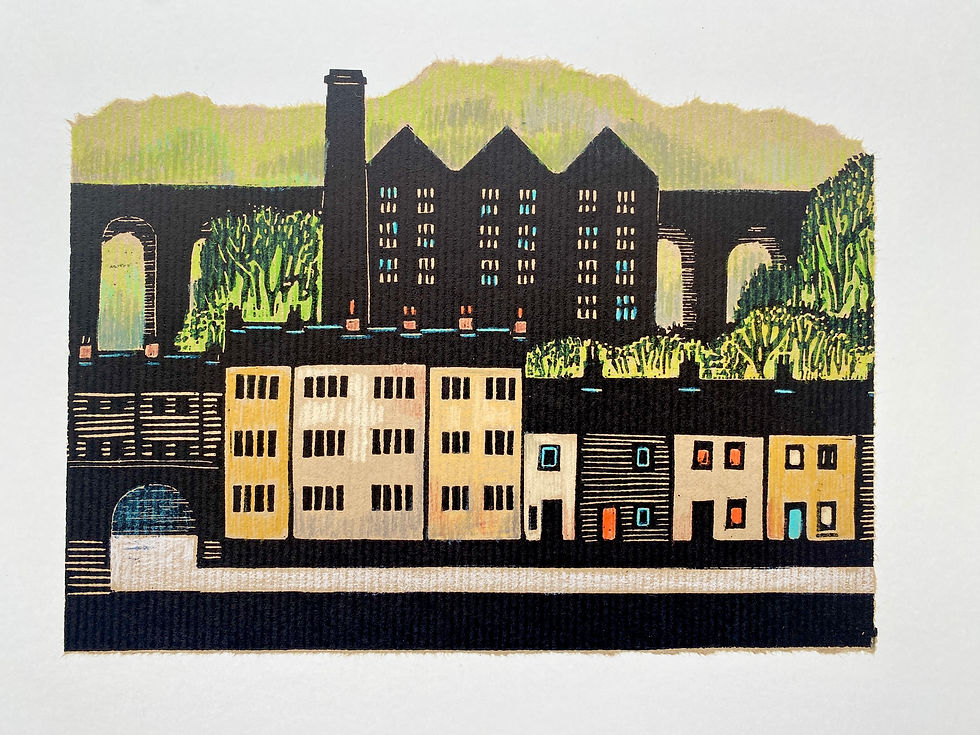 A woodcut printed townscape with mill, chimney, viaduct, cottages and canal. Green hillside behind.