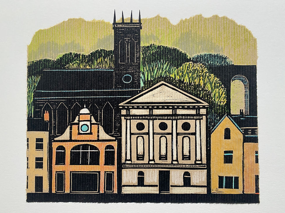 Woodcut printed townscape with church, classical town hall, terraced houses and hillside.