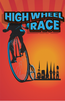 High wheel biker with stylized lettering and city silhouette in background.